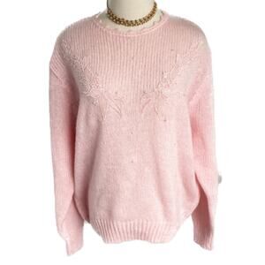 Vintage puff shoulder lace appliqué faux pearl loose knit sweater size XL